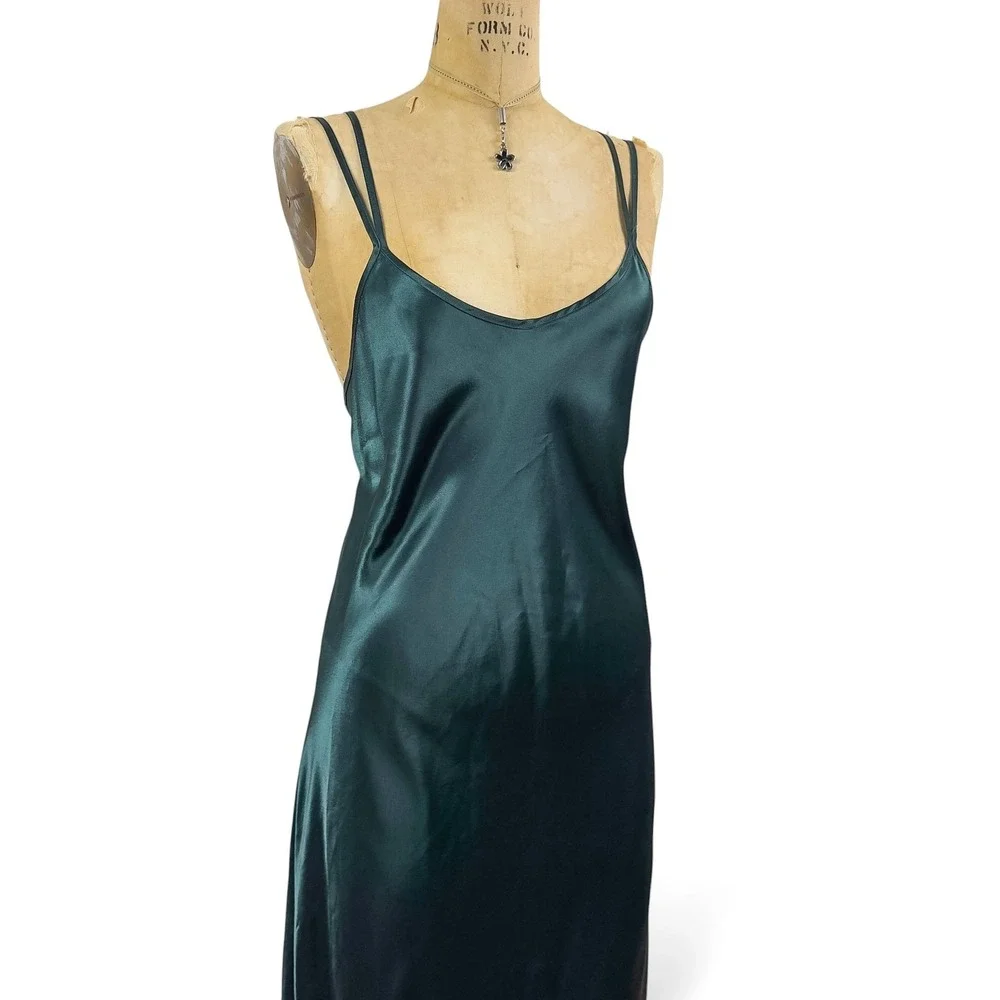 90's Emerald Maxi Slip Dress Strappy Low Back Glam Evening Matallic Size M - Picture 7 of 14